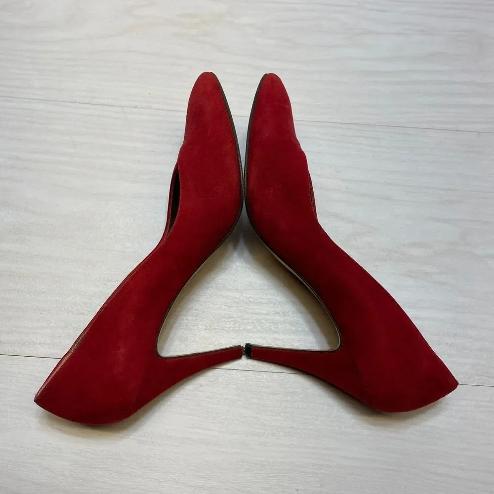 Vintage Yves Saint Laurent Heel Pumps Women Size 8 N Red Suede Pointed Toe - Picture 4 of 11